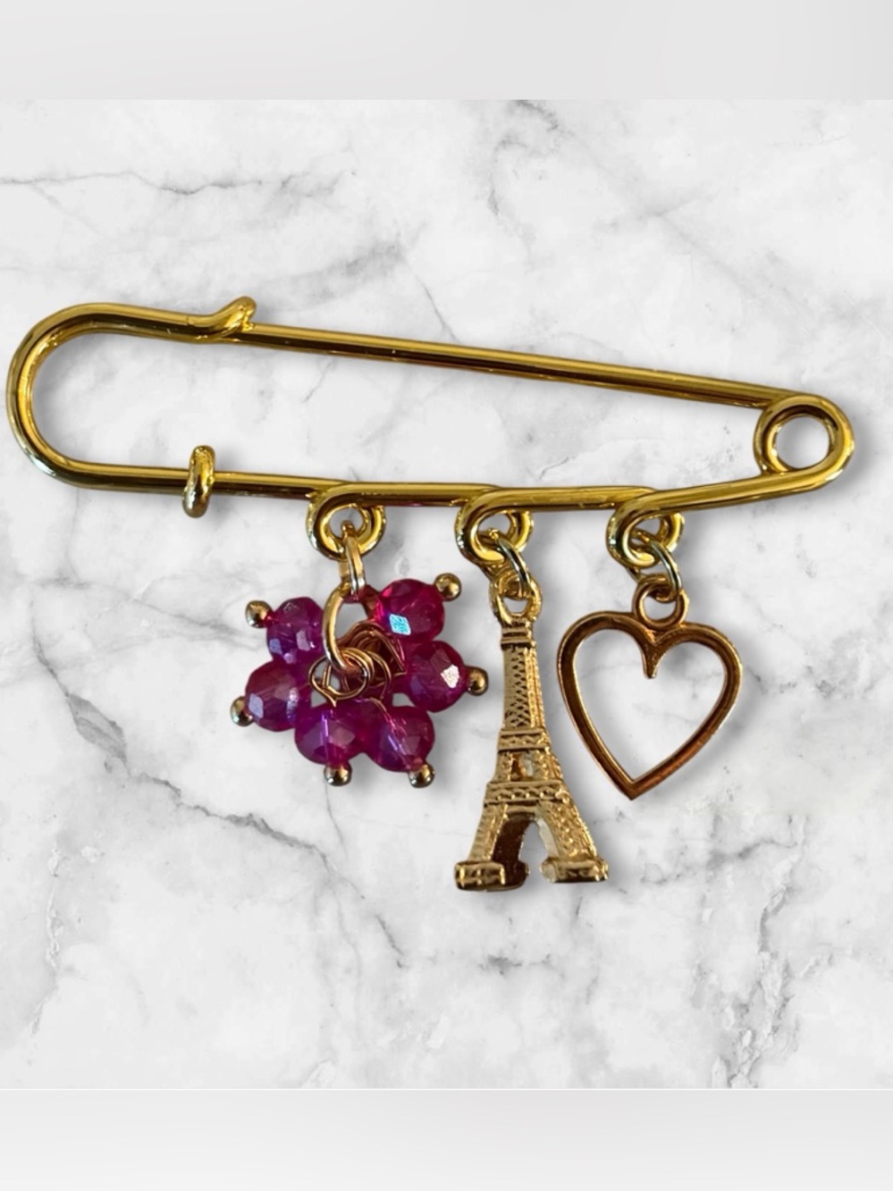 Gold Safety Pin Brooch with Pink Bead Flower, Eiffel Tower & Heart Charms